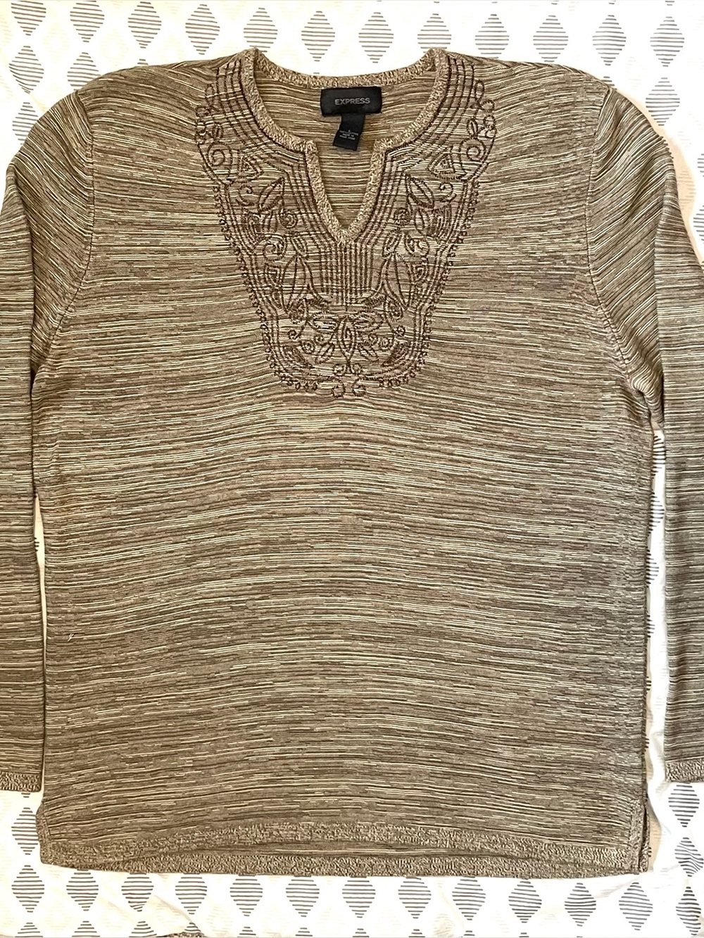 Express Embroidered Boho Sweater - Heathered Tan & Notched Neckline - Size Large